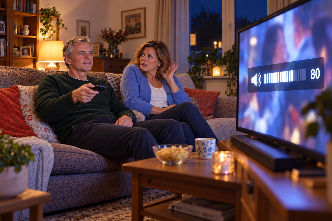 Ehepaar (60 und 50) abends auf dem Sofa; er hält die Fernbedienung, der Fernseher läuft sehr laut, sie hält sich die Hand ans Ohr