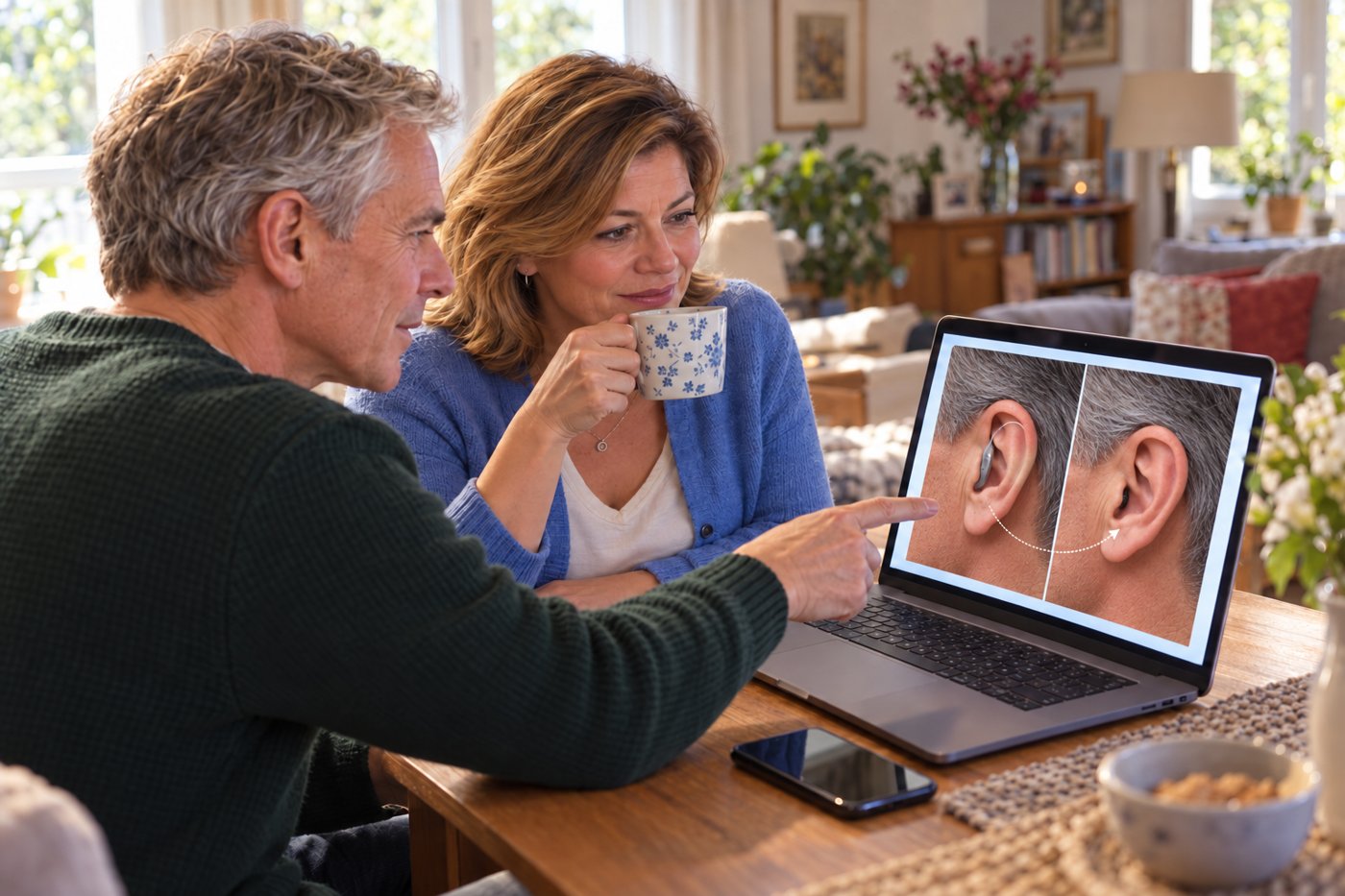 Wolfgang zeigt auf dem Laptop auf ein unauffälliges Hörgerät am Ohr, während Birgit Kaffee trinkt und interessiert zusieht