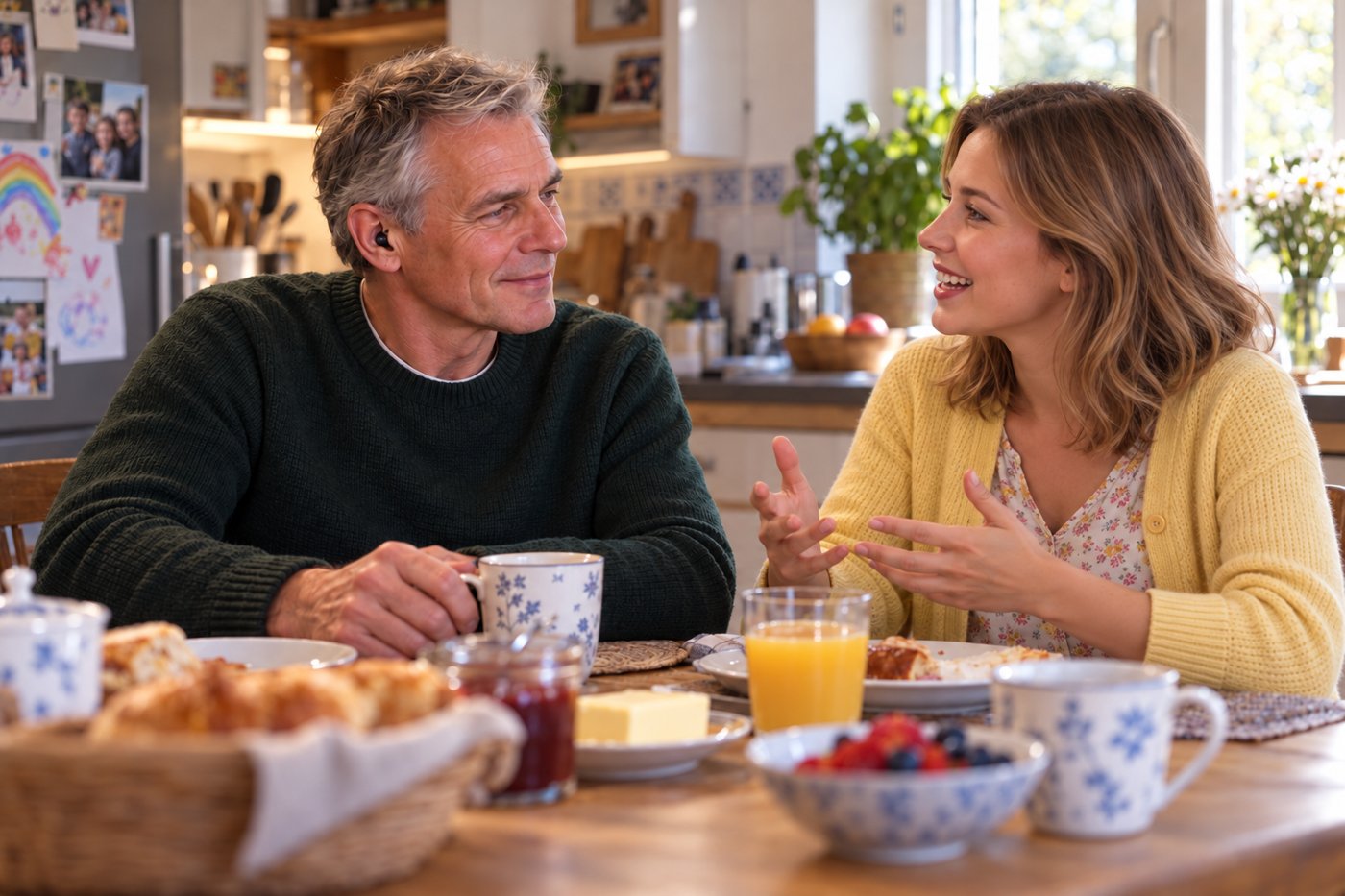 Wolfgang mit einem kleinen Hörgerät im Ohr hört lächelnd und aufmerksam Lena beim Frühstück in der Küche zu