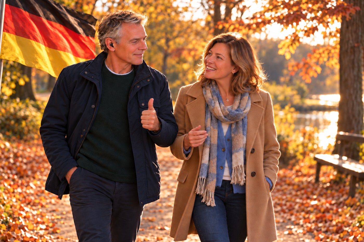 Wolfgang mit kleinem Hörgerät im Ohr und Birgit beim Herbstspaziergang im Park; er hebt lächelnd den Daumen, während sie ihm etwas erzählt